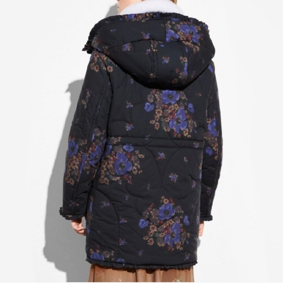 Coach Eiderdown Small Floral Puffer Coat Down Sherpa Black Blue New With Tags - Picture 2 of 16